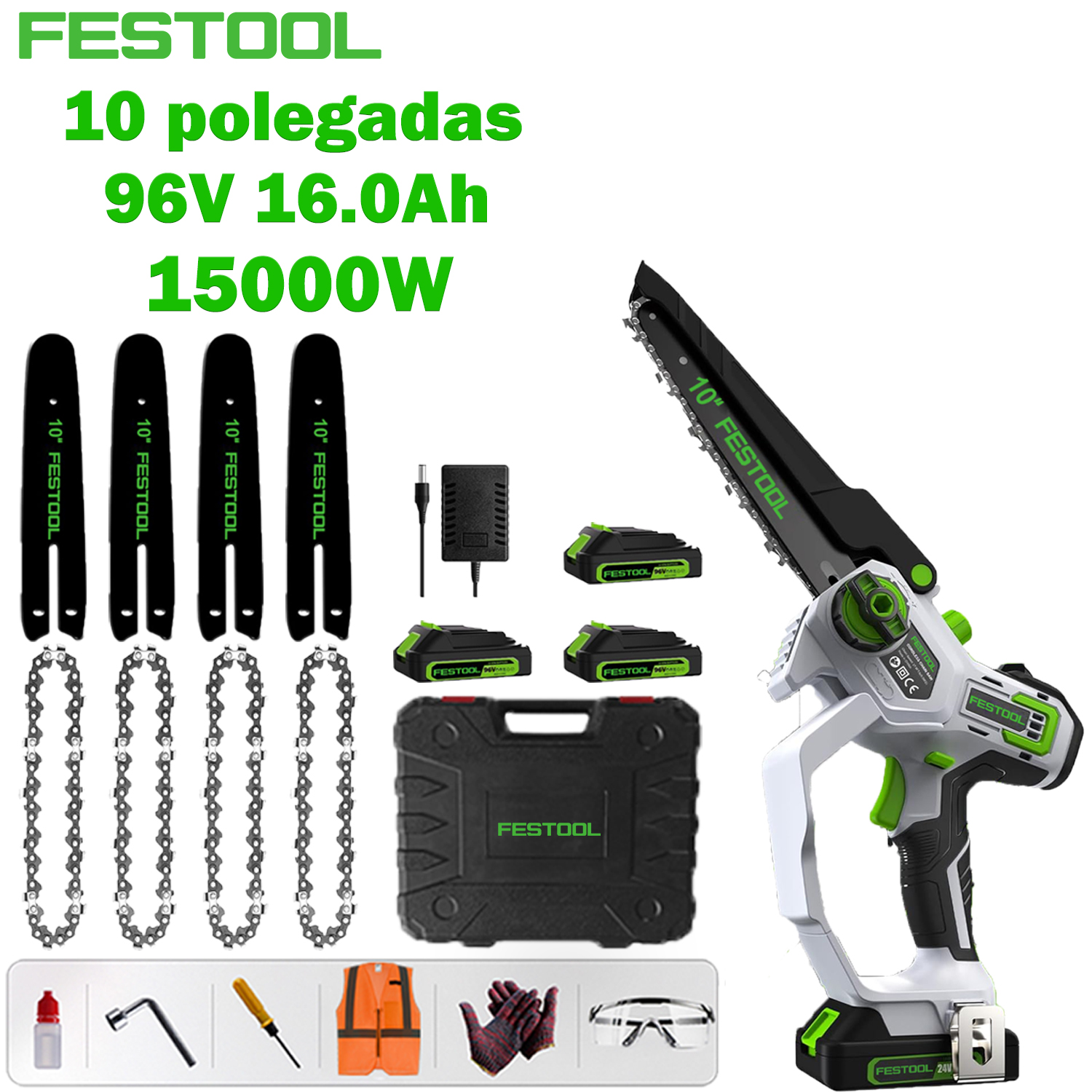 [La última motosierra de litio sin escobillas de Festool] Modelo básico de 10 pulgadas: motor sin escobillas de 15000 W + batería de litio de 96 V 16,0 Ah * 3, una batería puede durar 24 horas + placa guía * 4 + cadena * 4 + caja de herramientas + bolsa de suministro de mano de obra segura (Gafas , guantes, etc.) + cargador de carga rápida + 10 años de garantía