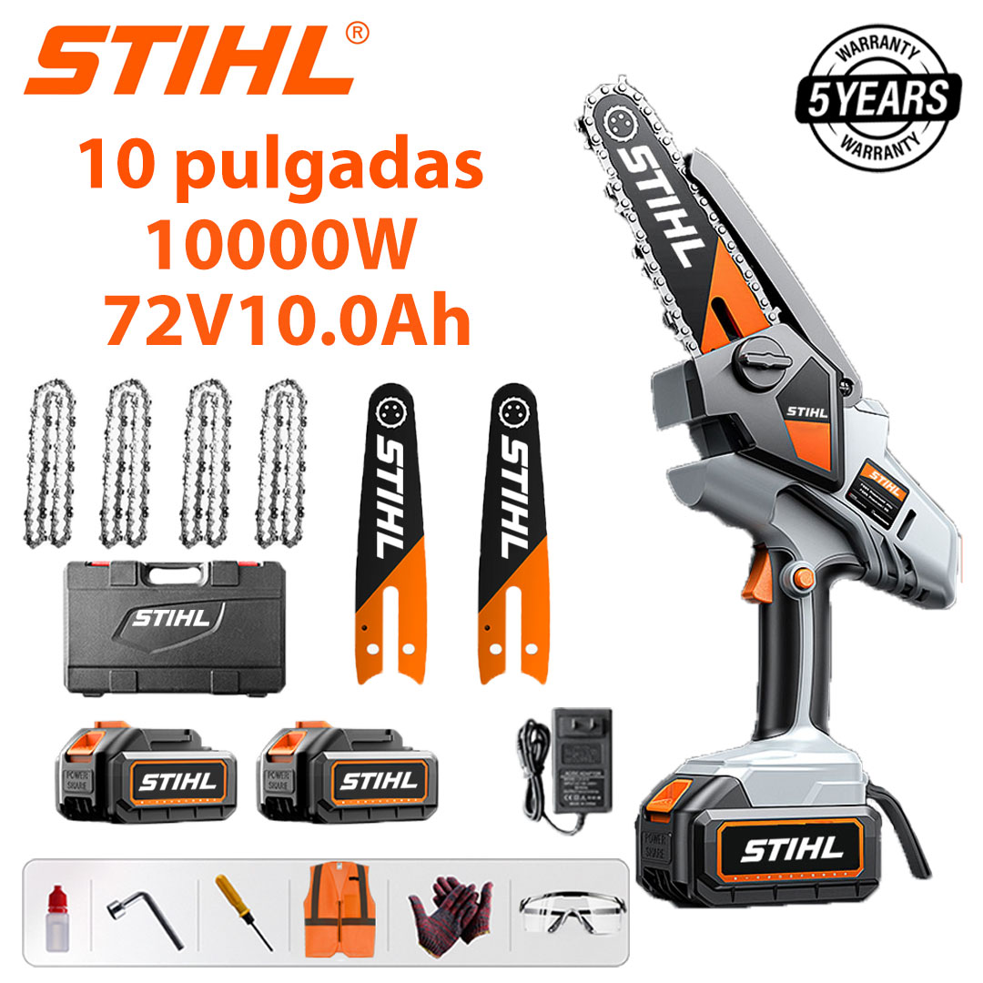 Sierra eléctrica de litio sin escobillas de 10 pulgadas, potencia de 10 000 W, batería de 72 V y 12 Ah*2, cargador, placa guía*2, cadena*4, caja de herramientas, lubricante y gafas, cinco años de garantía